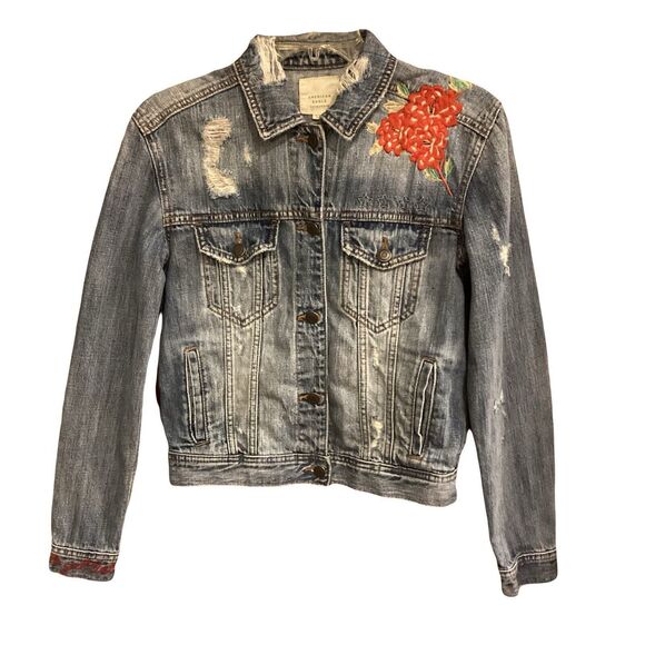 American Eagle Distressed "Just for Fun" Embroidered Denim Jacket Size S - Picture 1 of 12